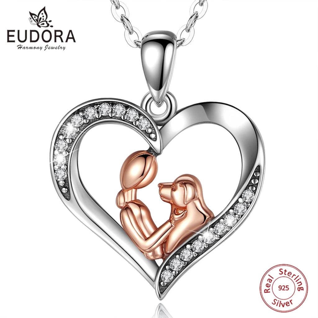 EUDORA 925 Sterling Silver Girl and dog heart Pendant of  Pet series clean CZ necklace fashion Jewelry for women girl cyd631