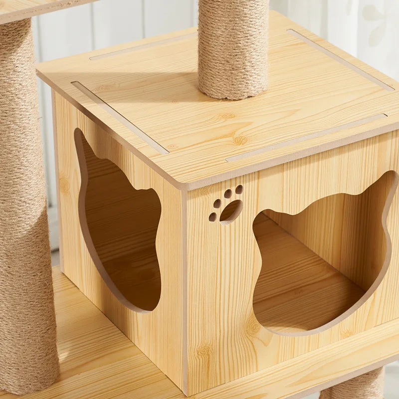 Multi-layer Platform Cat Tree tower Wooden House Sisal Rope Cat Scratching Posts Scrapers Grinding Hammock Cat Climbing Frame