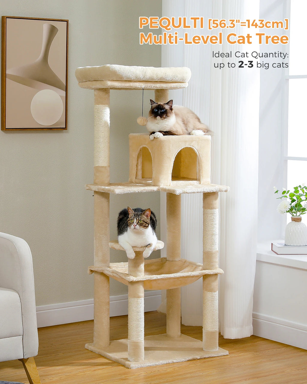 Cat Tree for Indoor Cats 5-Level Cat Tower for Large Cats with Large Hammock Sisal Covered Scratching Posts Cozy Condo Top Perch