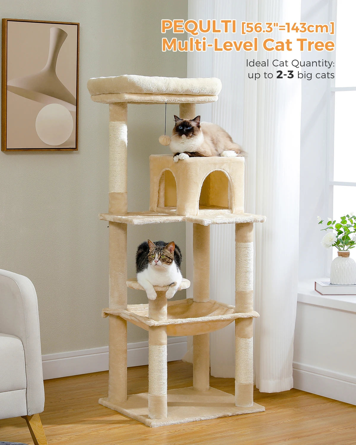 Cat Tree for Indoor Cats 5-Level Cat Tower for Large Cats with Large Hammock Sisal Covered Scratching Posts Cozy Condo Top Perch