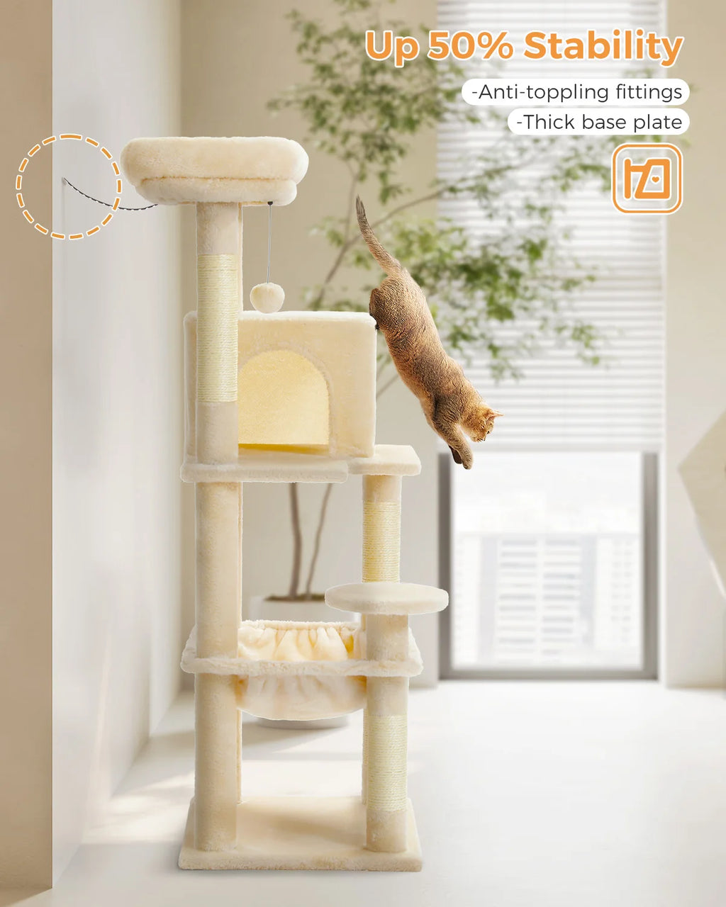 Cat Tree for Indoor Cats 5-Level Cat Tower for Large Cats with Large Hammock Sisal Covered Scratching Posts Cozy Condo Top Perch