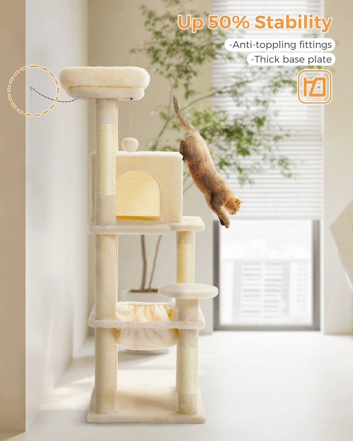 Cat Tree for Indoor Cats 5-Level Cat Tower for Large Cats with Large Hammock Sisal Covered Scratching Posts Cozy Condo Top Perch