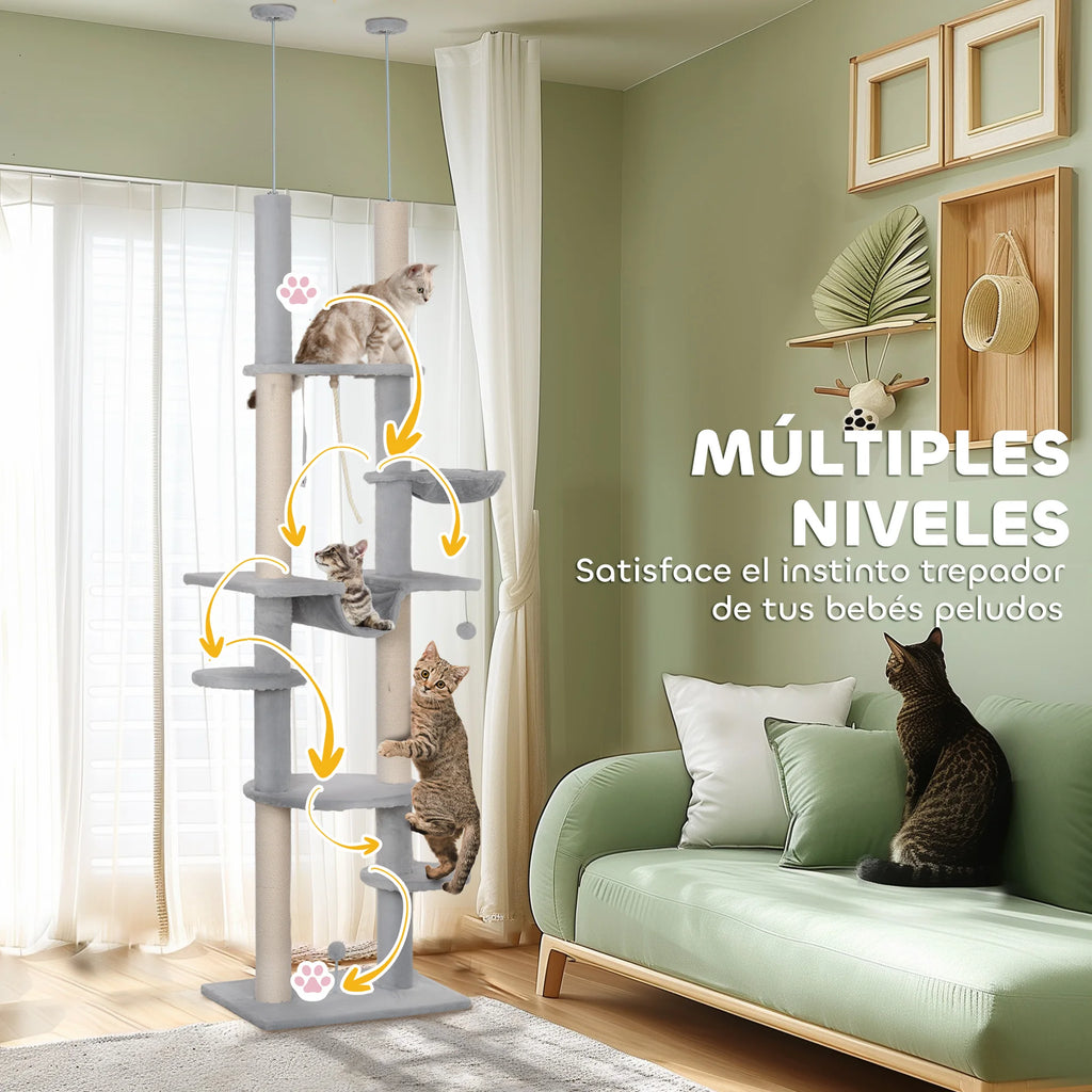 Pawhut Floor to Ceiling Cat Tree with Adjustable Height 225-255 cm