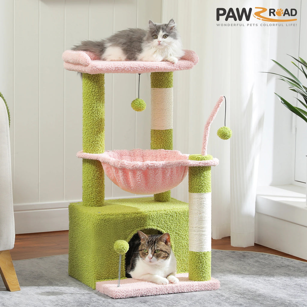 4-in-1 Cat Tree with Large Cat Condo, Sisal Scratching Post, Deep Hammock, Cozy Top Perch, Small Cat Tower for Indoor, Cat Toys