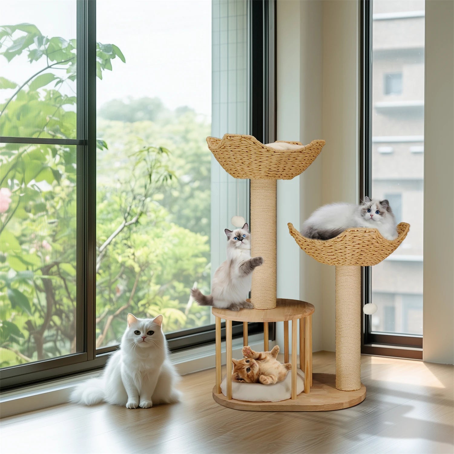 99CM Tall Multilevel Cat Tree Activity Tower Center with Plush Cushion Dangling Ball Baskets Condo Scratching Post for Indoor