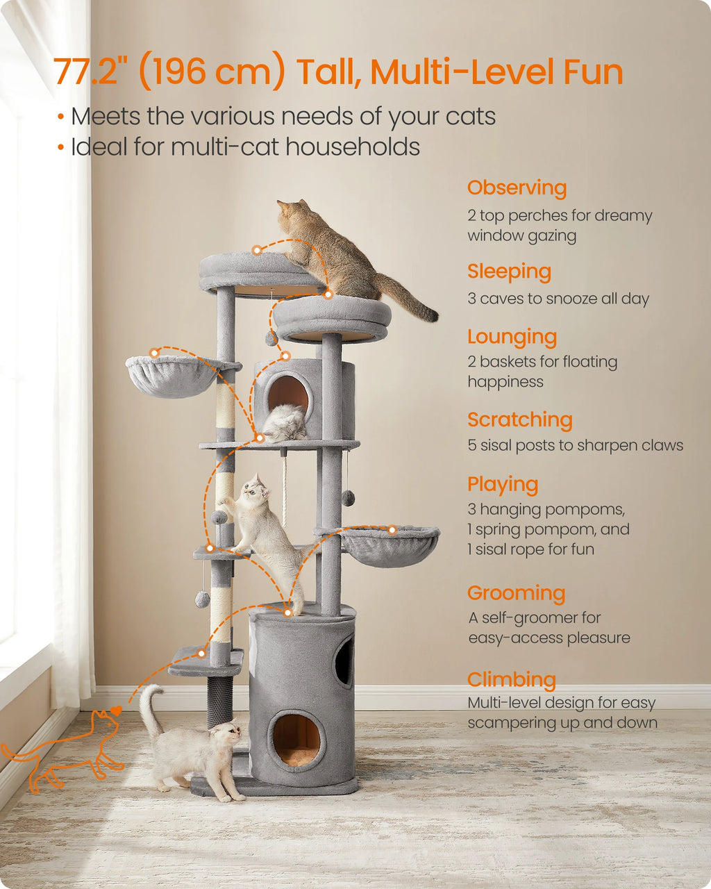 Feandrea XXL Cat Tree, 196 cm Tall Cat Tower, Multi-Level Plush Cat Condo