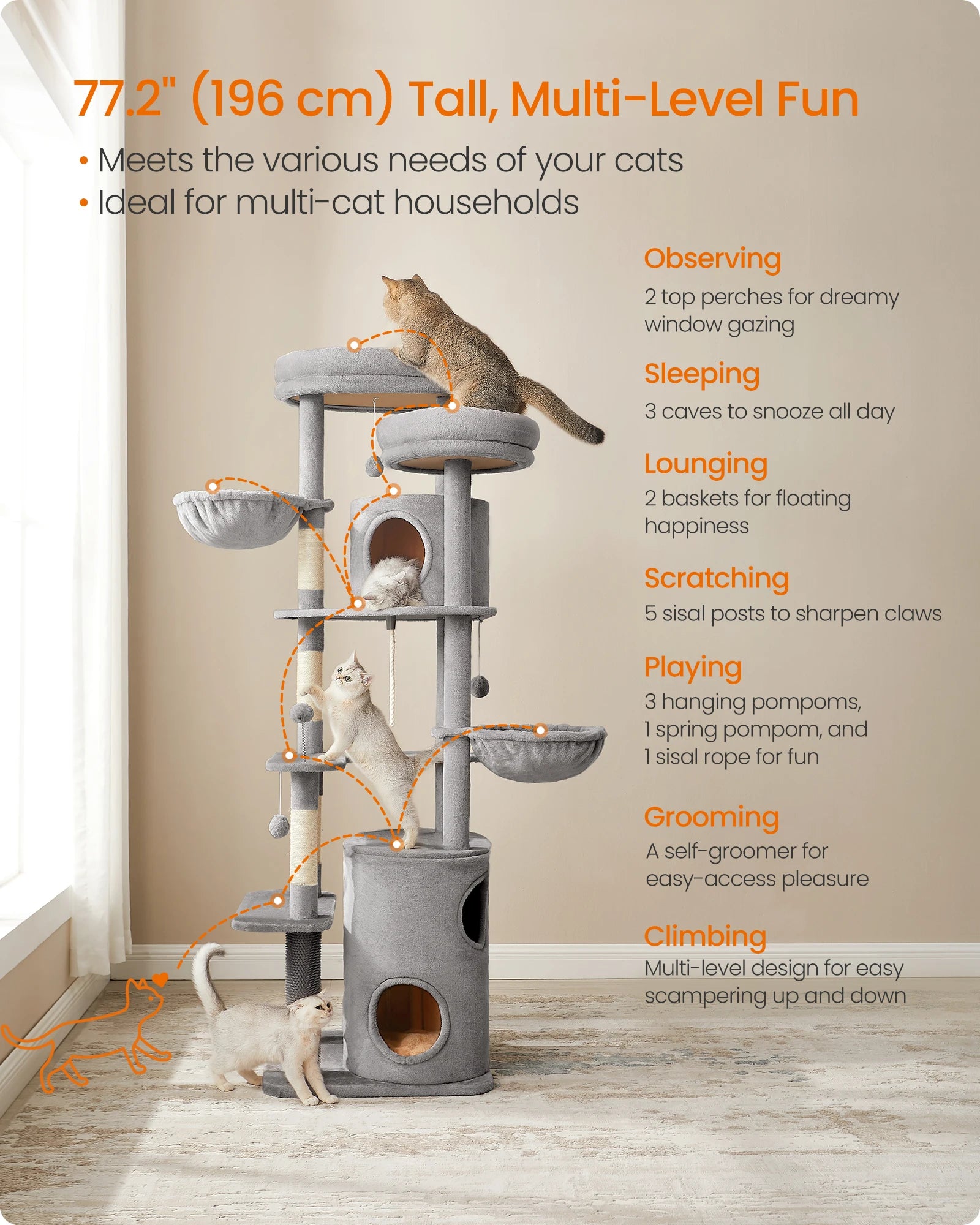 Feandrea XXL Cat Tree, 196 cm Tall Cat Tower, Multi-Level Plush Cat Condo
