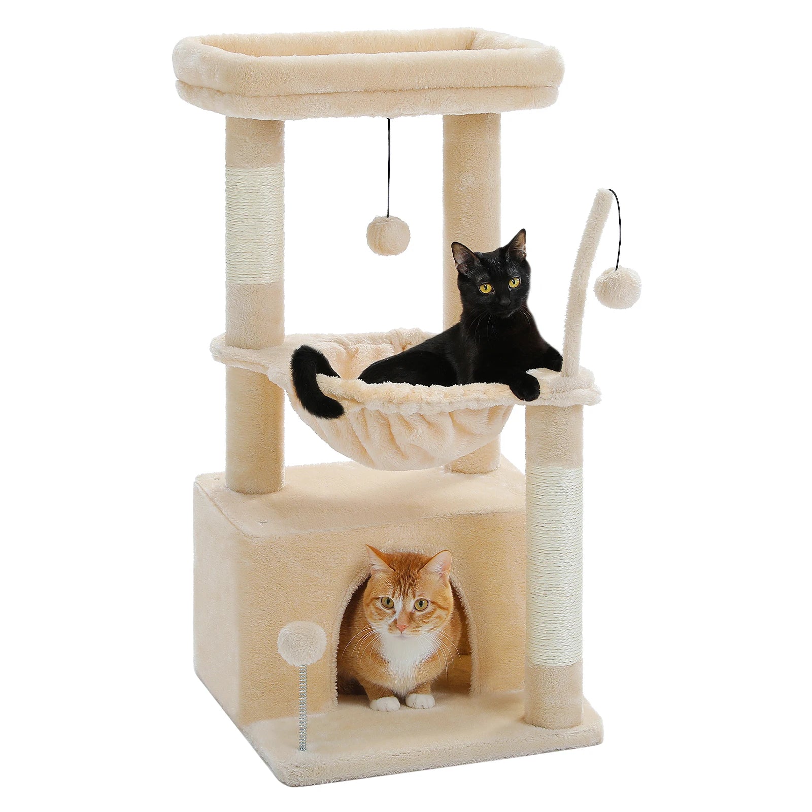 4-in-1 Cat Tree with Large Cat Condo, Sisal Scratching Post, Deep Hammock, Cozy Top Perch, Small Cat Tower for Indoor, Cat Toys
