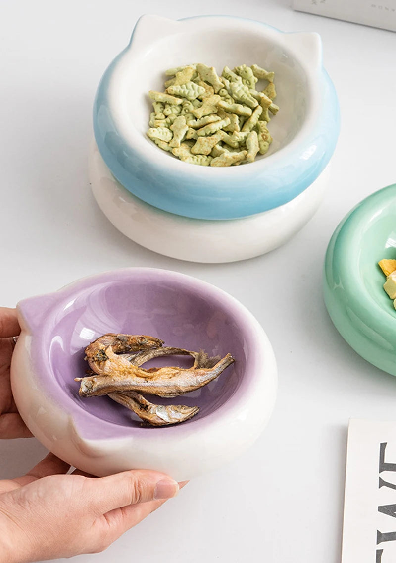 Creative Ceramic Flat Bottomed Cat Ear Shape Food Bowl, Dining Plate, Anti Overturning, Pet Supplies, Drinking Bowl, 1Pc