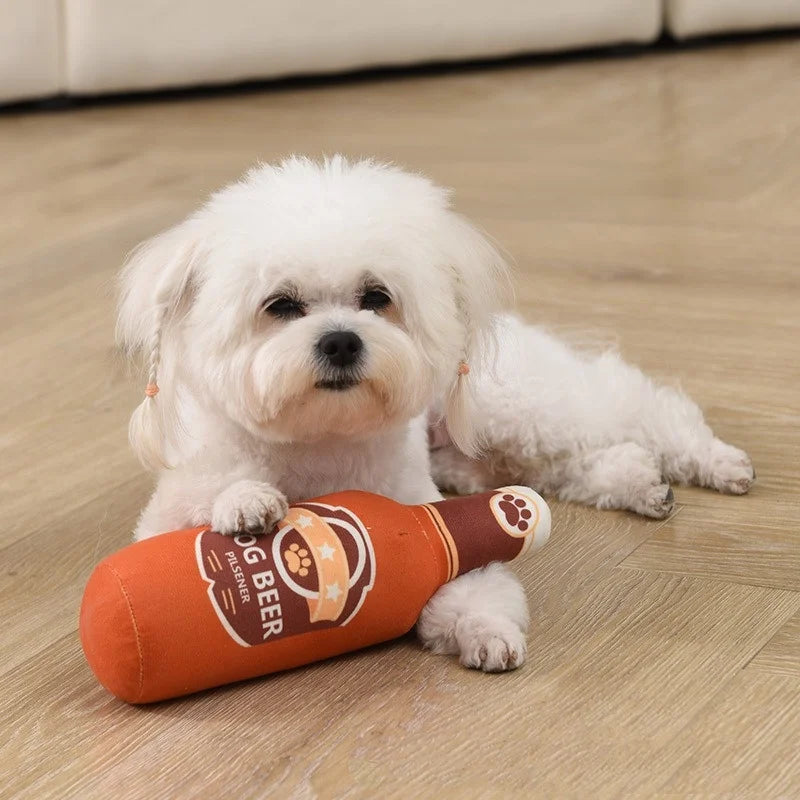 Beer Bottle Shaped Plush Dog Chew Toy Squeaky Interactive Bite-Resistant Playing Supplies for Small to Large Dogs Teeth Cleaning