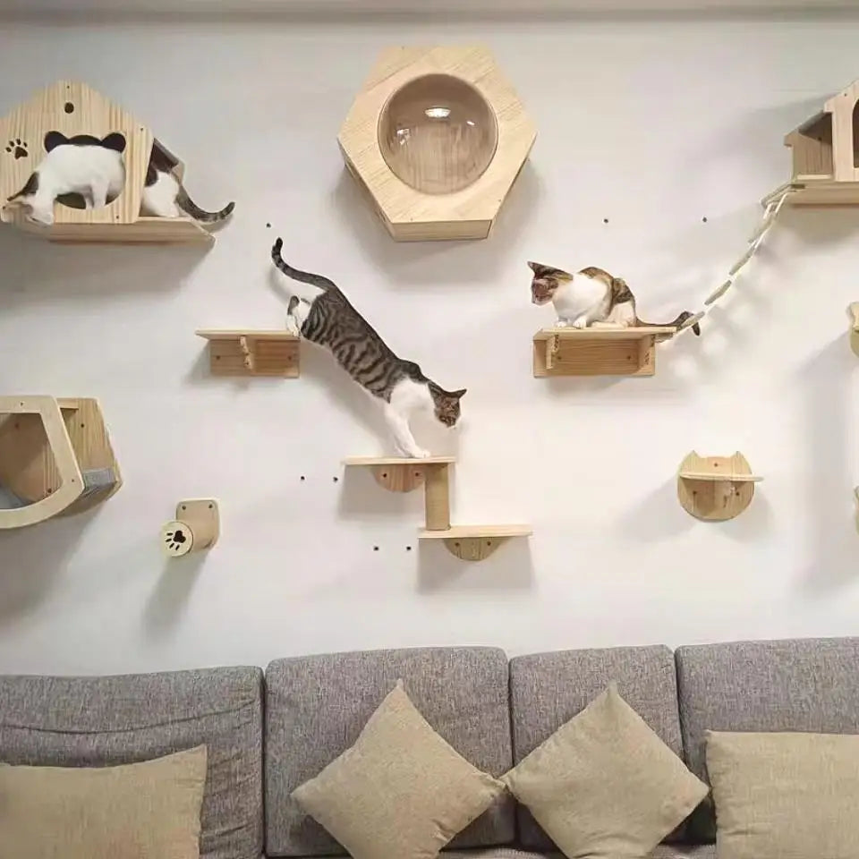 Cat Climbing Shelves Wall Mounted Cat Tree Tower Scratching Posts Hammock Hiding House Perches Ladder Cats Gym Pet Supplies Toy