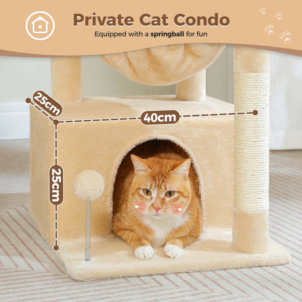 4-in-1 Cat Tree with Large Cat Condo, Sisal Scratching Post, Deep Hammock, Cozy Top Perch, Small Cat Tower for Indoor, Cat Toys