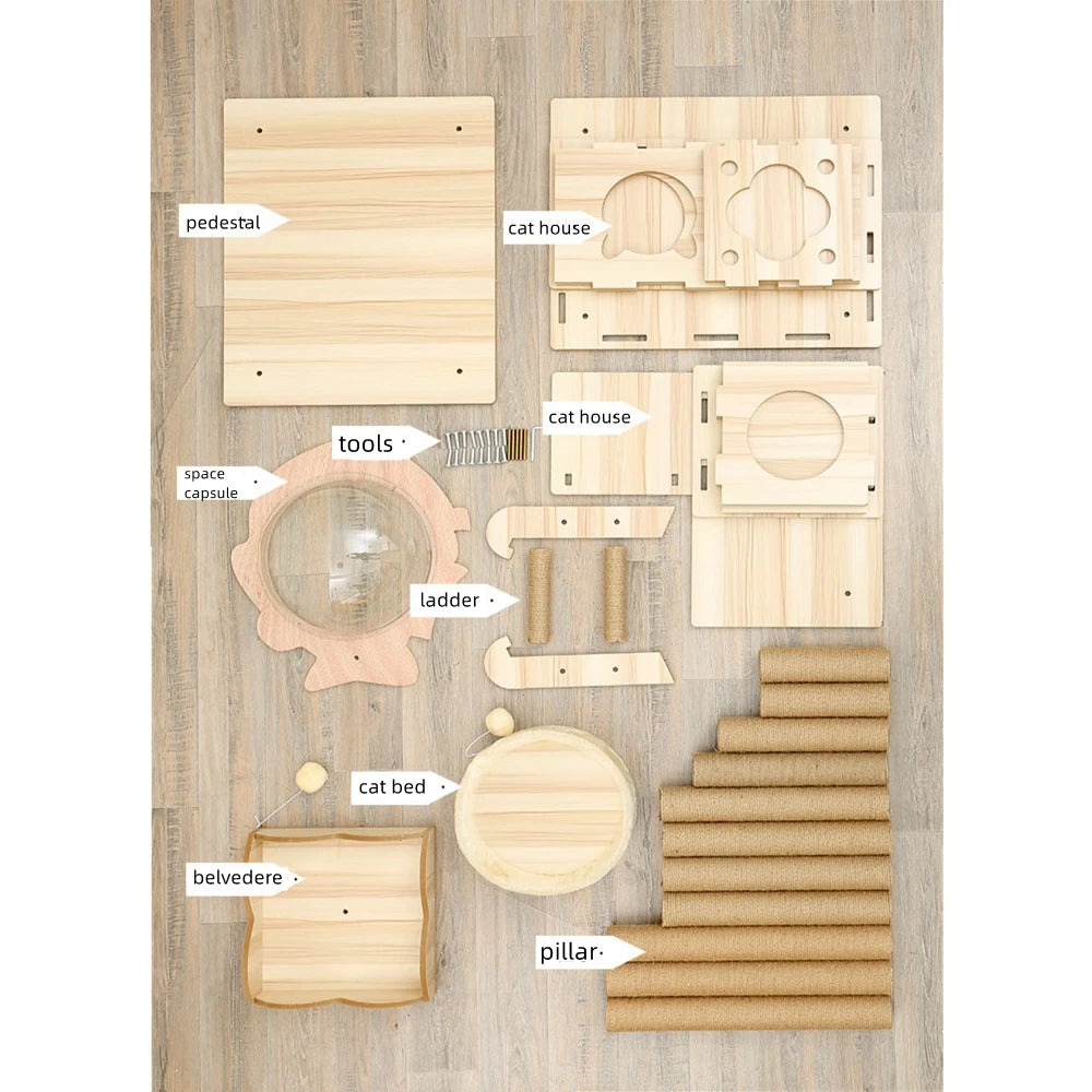 Multi-layer Platform Cat Tree tower Wooden House Sisal Rope Cat Scratching Posts Scrapers Grinding Hammock Cat Climbing Frame