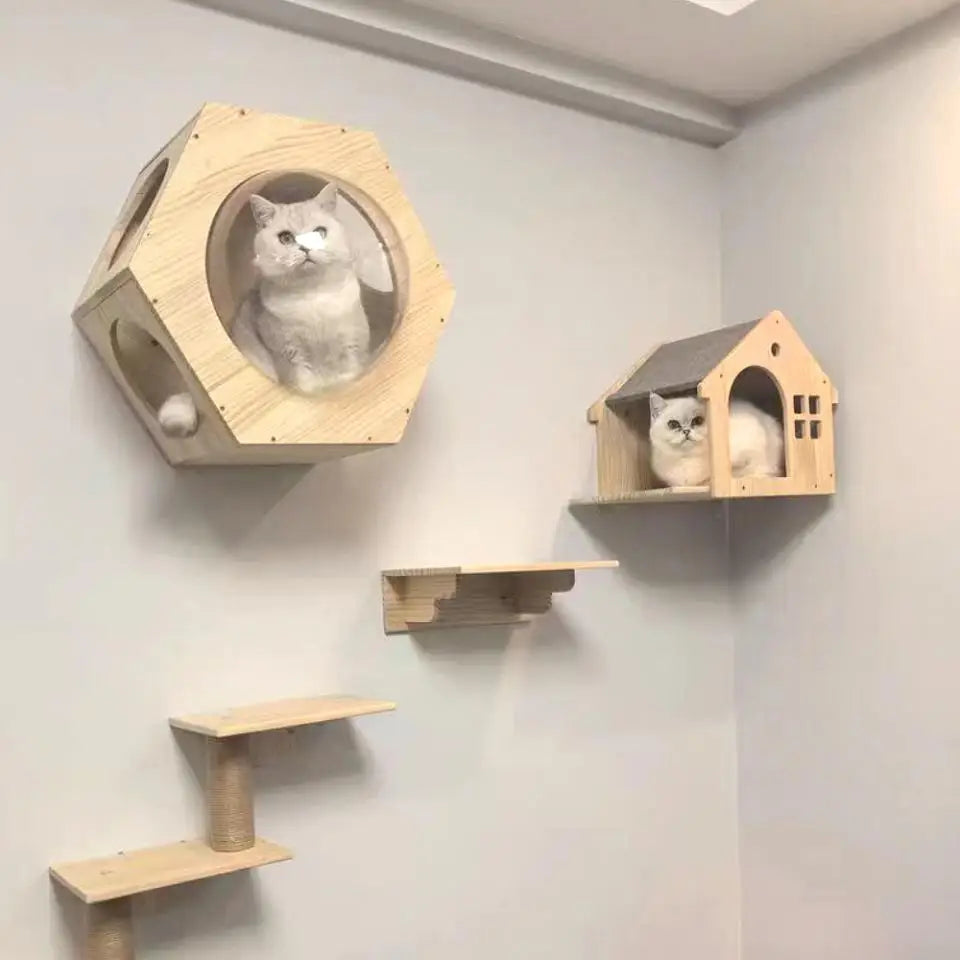Cat Climbing Shelves Wall Mounted Cat Tree Tower Scratching Posts Hammock Hiding House Perches Ladder Cats Gym Pet Supplies Toy
