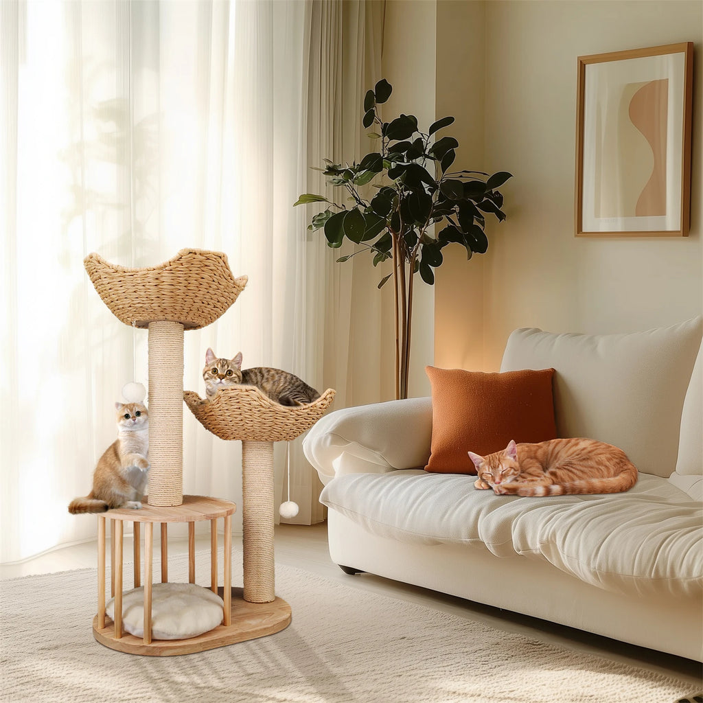 99CM Tall Multilevel Cat Tree Activity Tower Center with Plush Cushion Dangling Ball Baskets Condo Scratching Post for Indoor