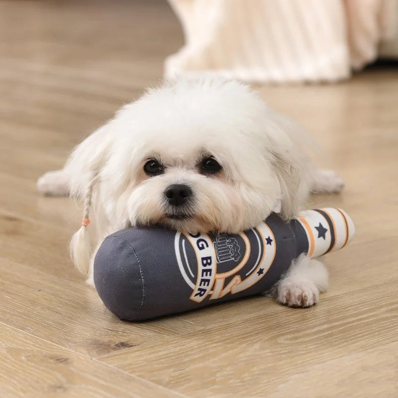Beer Bottle Shaped Plush Dog Chew Toy Squeaky Interactive Bite-Resistant Playing Supplies for Small to Large Dogs Teeth Cleaning