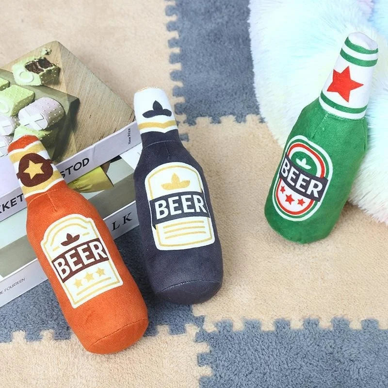 Beer Bottle Shaped Plush Dog Chew Toy Squeaky Interactive Bite-Resistant Playing Supplies for Small to Large Dogs Teeth Cleaning