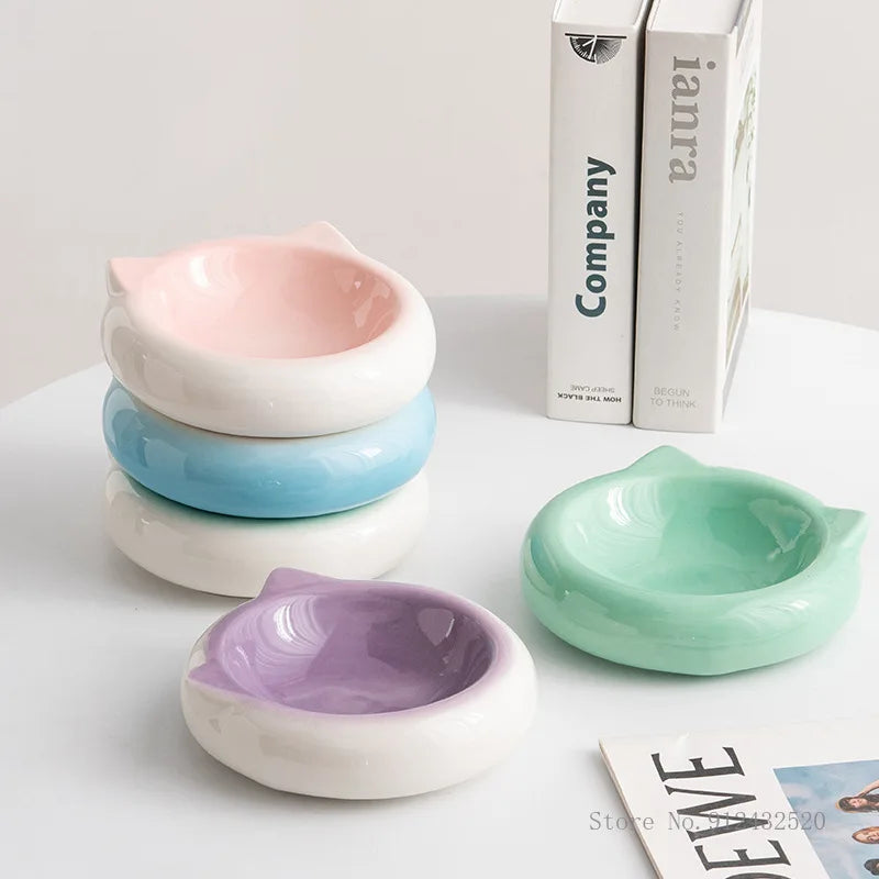 Creative Ceramic Flat Bottomed Cat Ear Shape Food Bowl, Dining Plate, Anti Overturning, Pet Supplies, Drinking Bowl, 1Pc