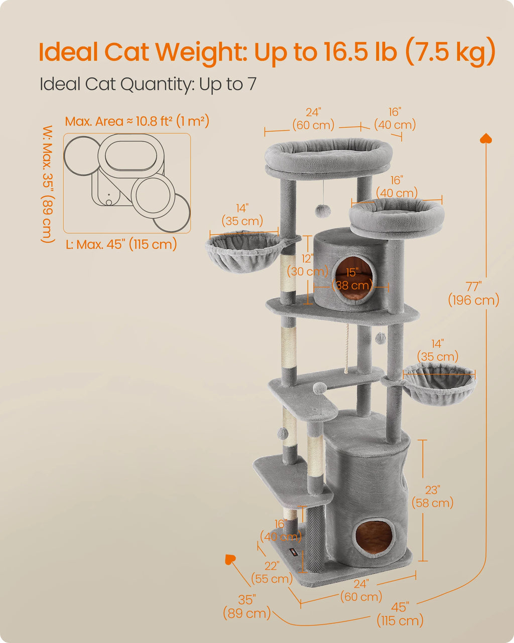 Feandrea XXL Cat Tree, 196 cm Tall Cat Tower, Multi-Level Plush Cat Condo