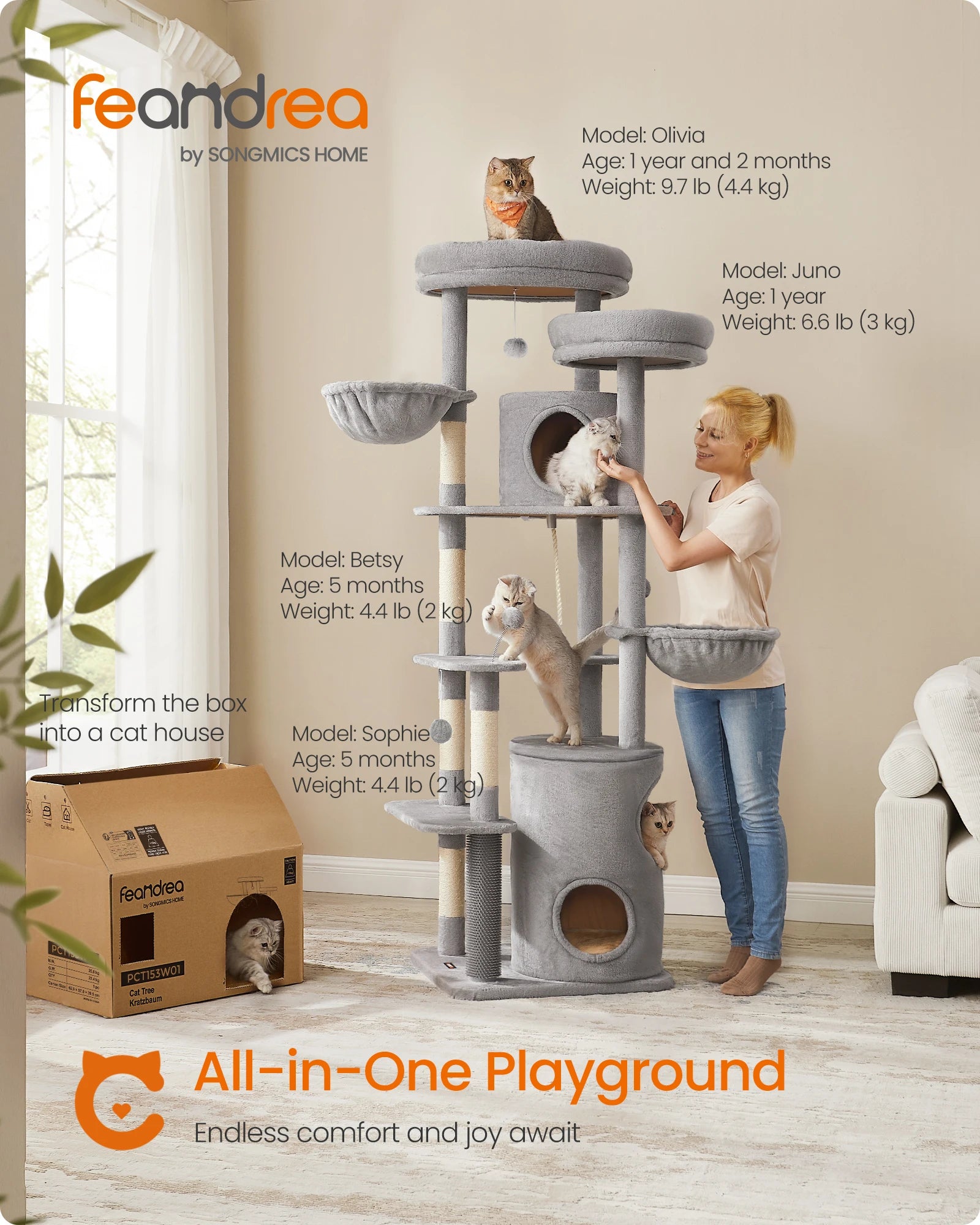 Feandrea XXL Cat Tree, 196 cm Tall Cat Tower, Multi-Level Plush Cat Condo