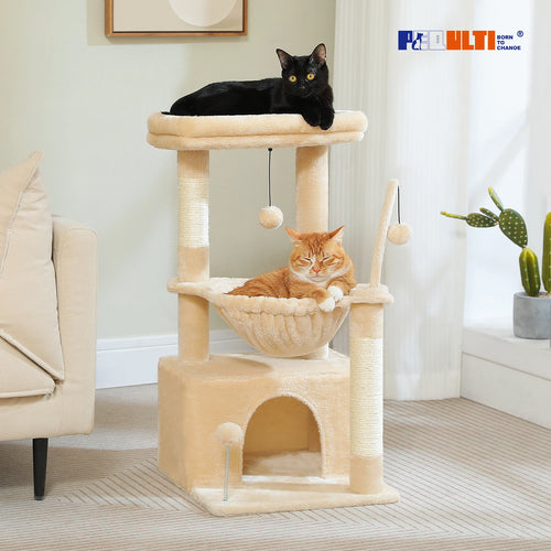 4-in-1 Cat Tree with Large Cat Condo, Sisal Scratching Post, Deep Hammock, Cozy Top Perch, Small Cat Tower for Indoor, Cat Toys