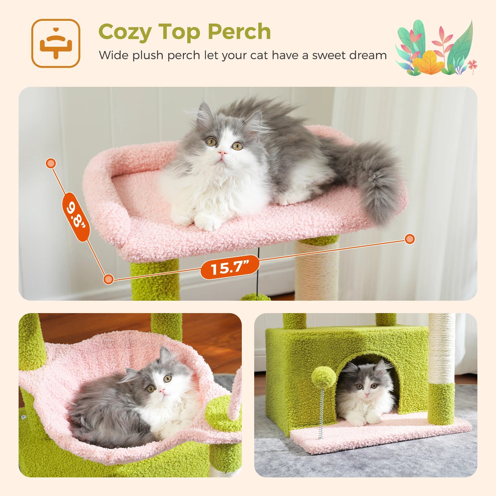 4-in-1 Cat Tree with Large Cat Condo, Sisal Scratching Post, Deep Hammock, Cozy Top Perch, Small Cat Tower for Indoor, Cat Toys