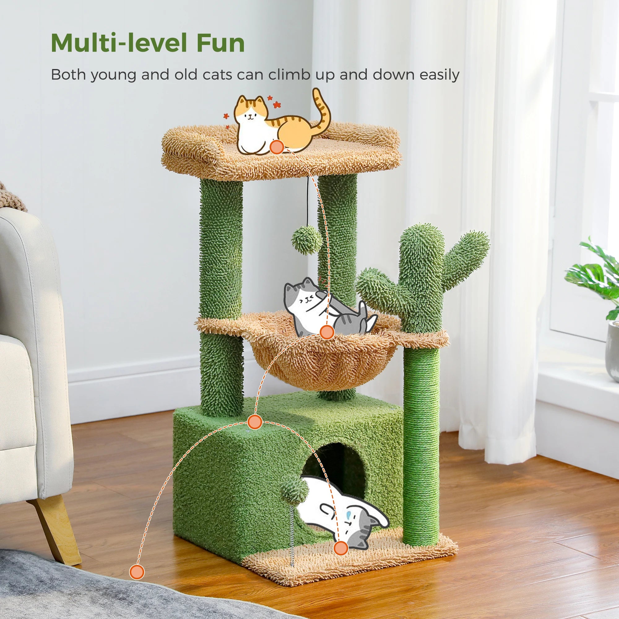 4-in-1 Cat Tree with Large Cat Condo, Sisal Scratching Post, Deep Hammock, Cozy Top Perch, Small Cat Tower for Indoor, Cat Toys
