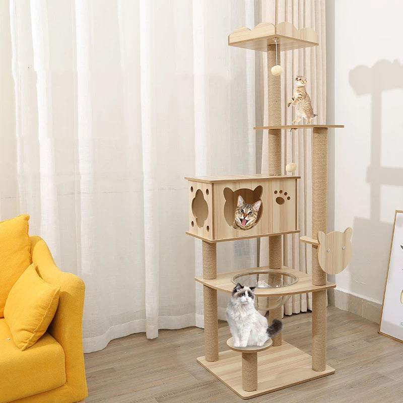Multi-layer Platform Cat Tree tower Wooden House Sisal Rope Cat Scratching Posts Scrapers Grinding Hammock Cat Climbing Frame