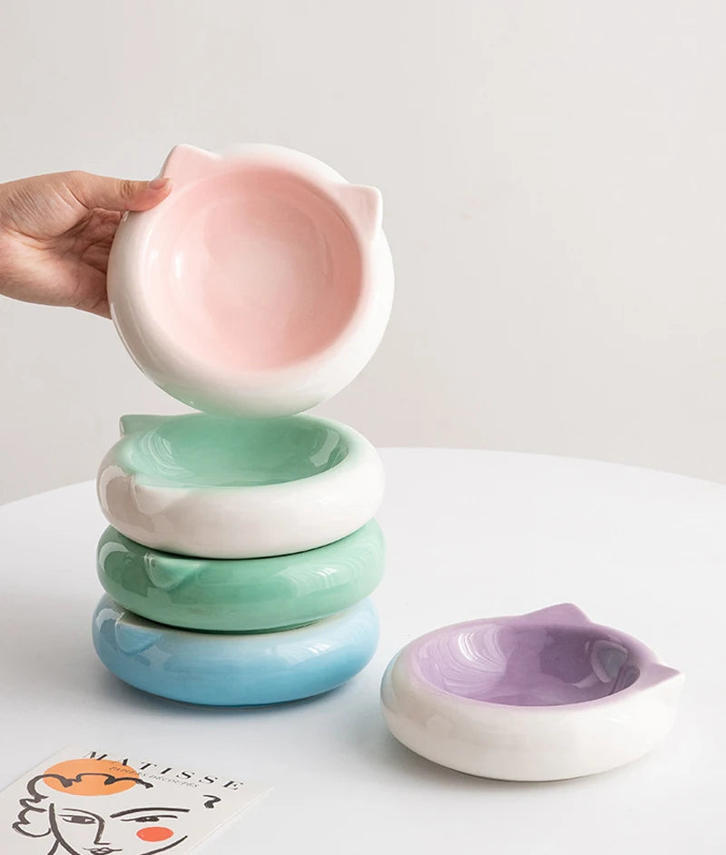 Creative Ceramic Flat Bottomed Cat Ear Shape Food Bowl, Dining Plate, Anti Overturning, Pet Supplies, Drinking Bowl, 1Pc
