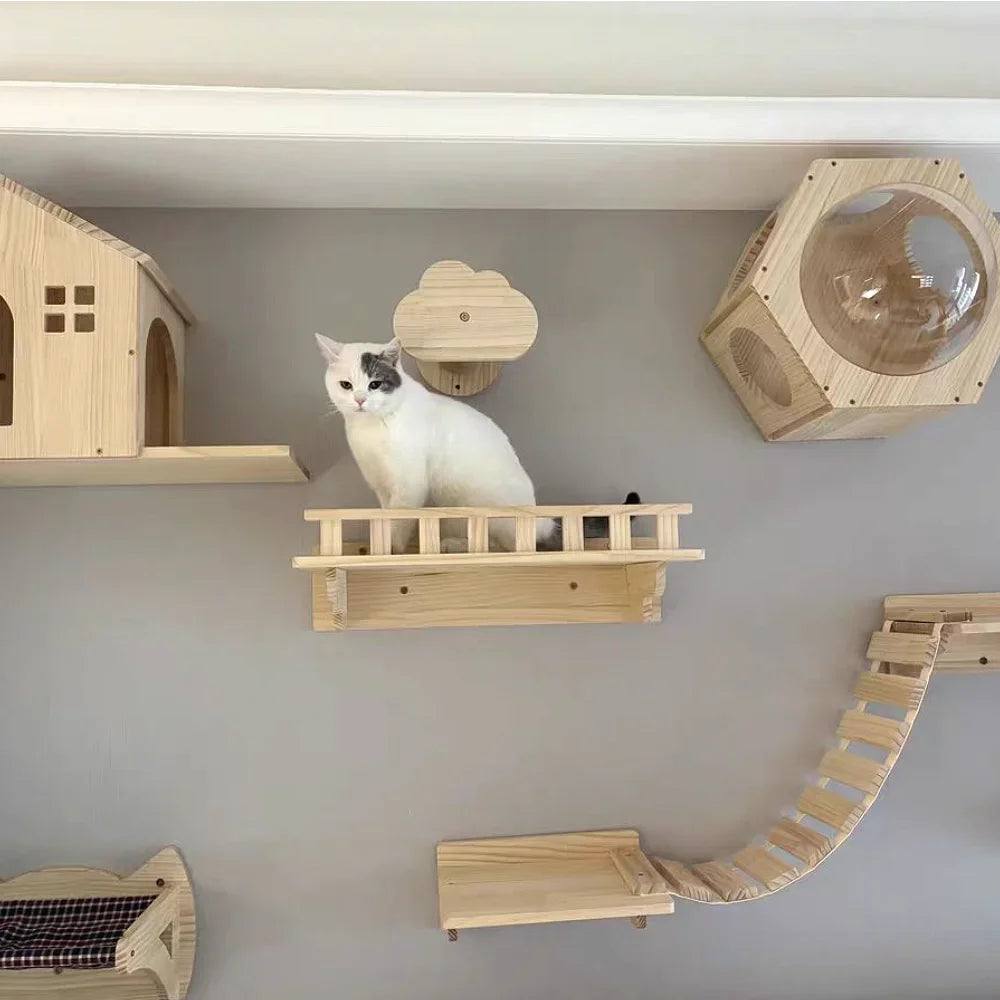 Cat Climbing Shelves Wall Mounted Cat Tree Tower Scratching Posts Hammock Hiding House Perches Ladder Cats Gym Pet Supplies Toy