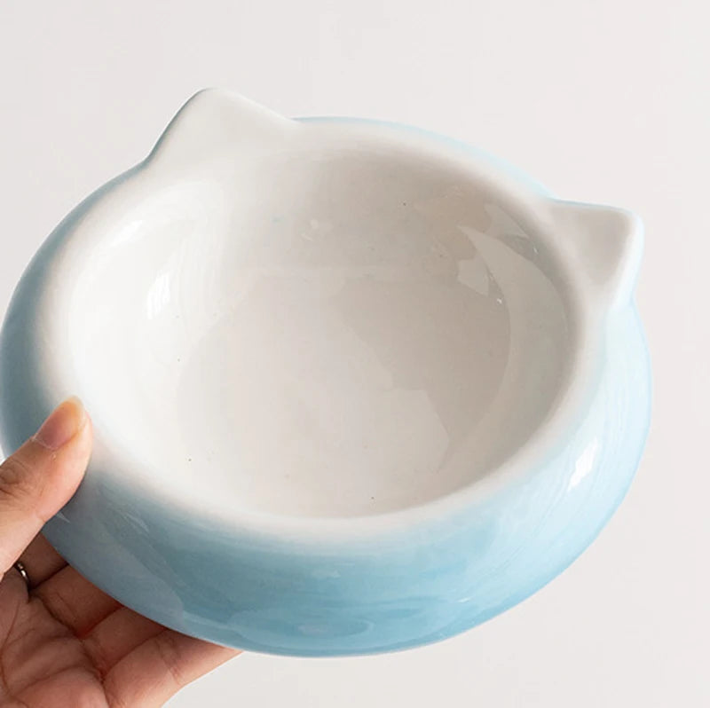 Creative Ceramic Flat Bottomed Cat Ear Shape Food Bowl, Dining Plate, Anti Overturning, Pet Supplies, Drinking Bowl, 1Pc