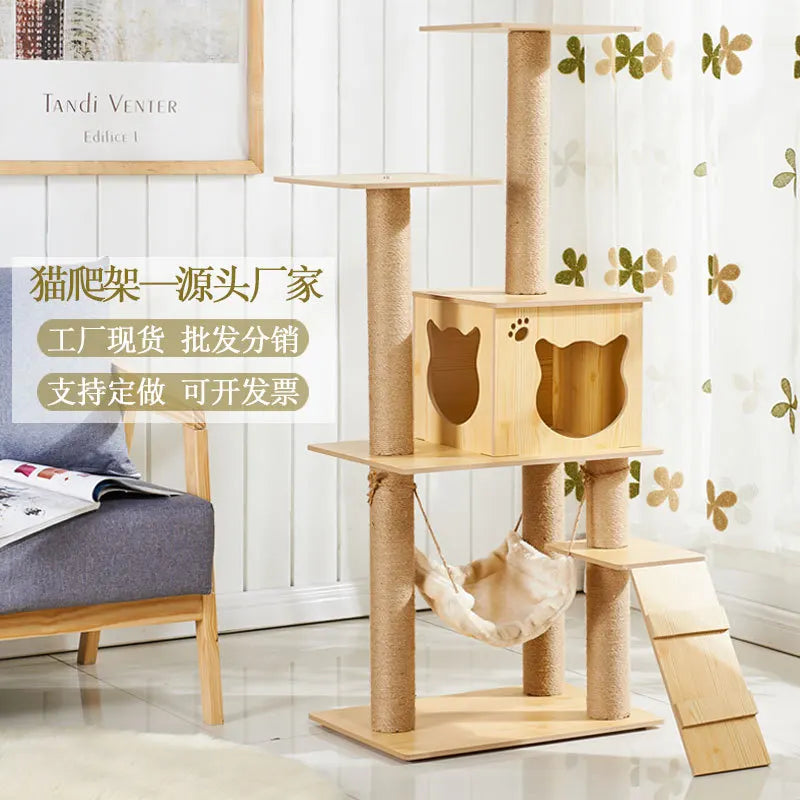 Multi-layer Platform Cat Tree tower Wooden House Sisal Rope Cat Scratching Posts Scrapers Grinding Hammock Cat Climbing Frame
