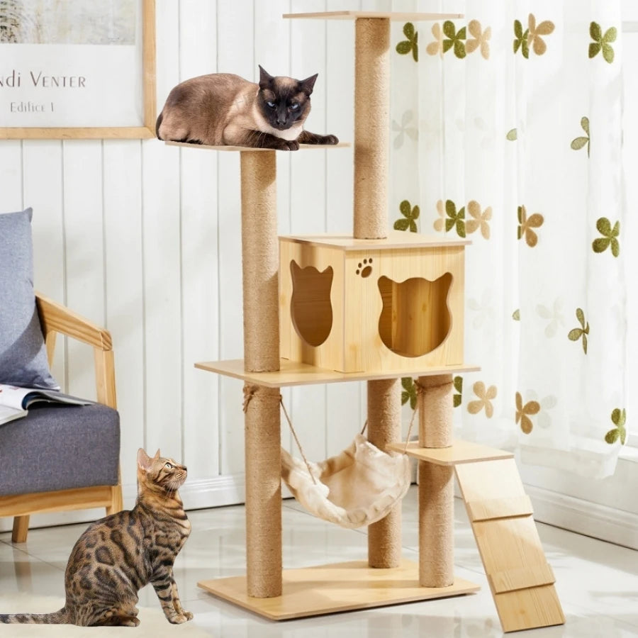 Multi-layer Platform Cat Tree tower Wooden House Sisal Rope Cat Scratching Posts Scrapers Grinding Hammock Cat Climbing Frame