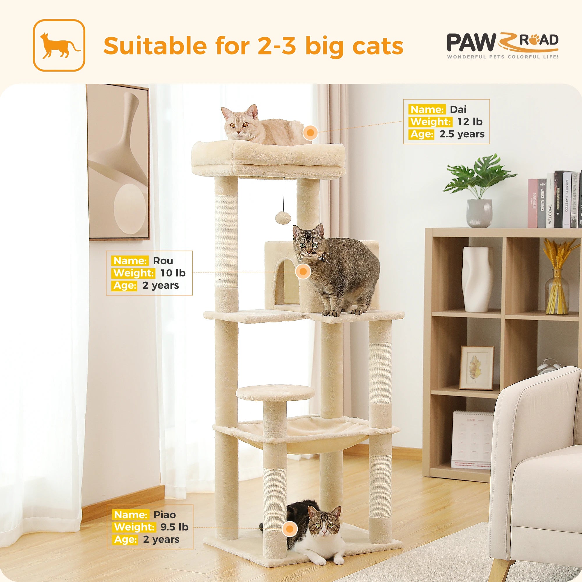 Cat Tree for Indoor Cats 5-Level Cat Tower for Large Cats with Large Hammock Sisal Covered Scratching Posts Cozy Condo Top Perch