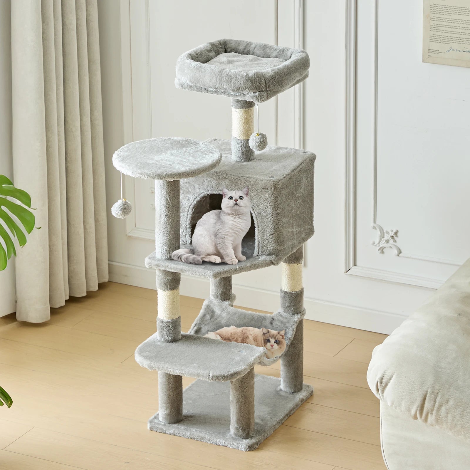 JHK 44In Cat Tree Tall Multi-Cat Climbing Tower for Pet Furniture Natural Sisal Scratching Posts Stable Pet House for Indoor Cat