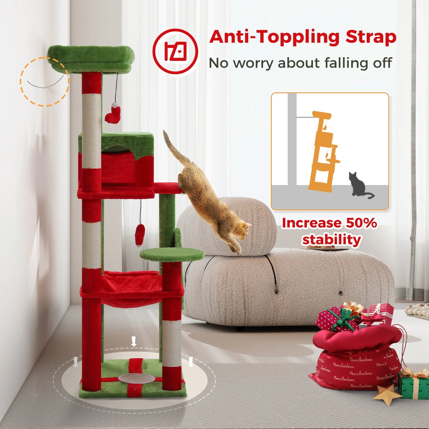 Cat Tree for Indoor Cats 5-Level Cat Tower for Large Cats with Large Hammock Sisal Covered Scratching Posts Cozy Condo Top Perch