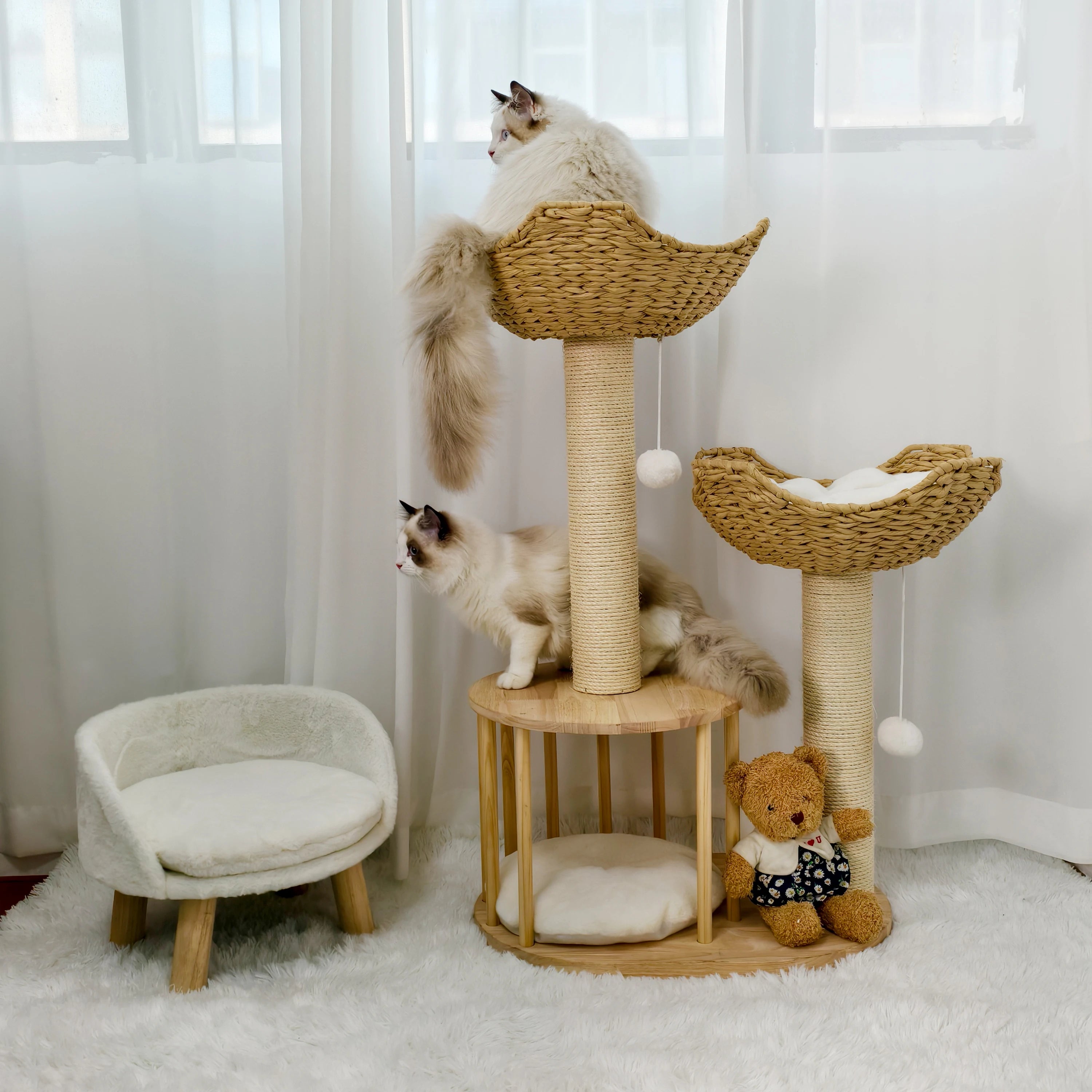 99CM Tall Multilevel Cat Tree Activity Tower Center with Plush Cushion Dangling Ball Baskets Condo Scratching Post for Indoor