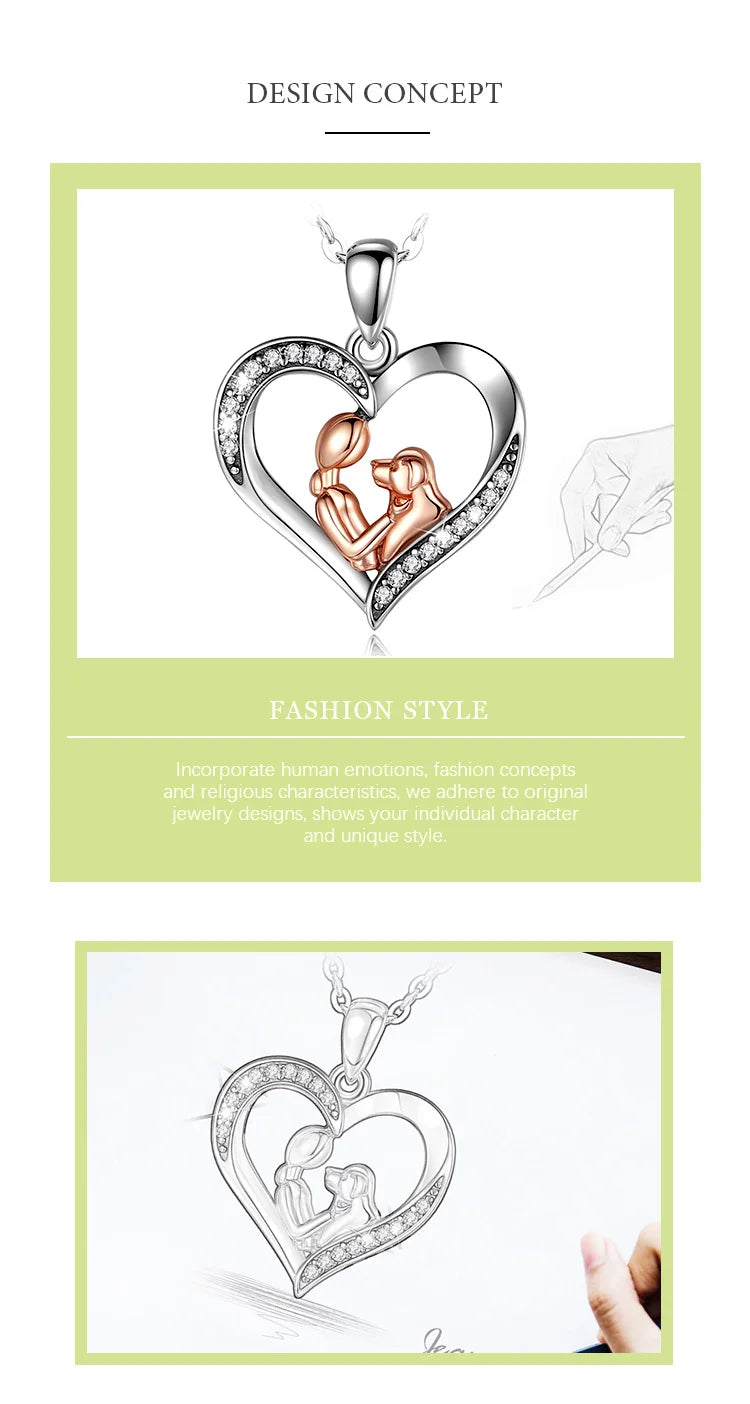 EUDORA 925 Sterling Silver Girl and dog heart Pendant of  Pet series clean CZ necklace fashion Jewelry for women girl cyd631