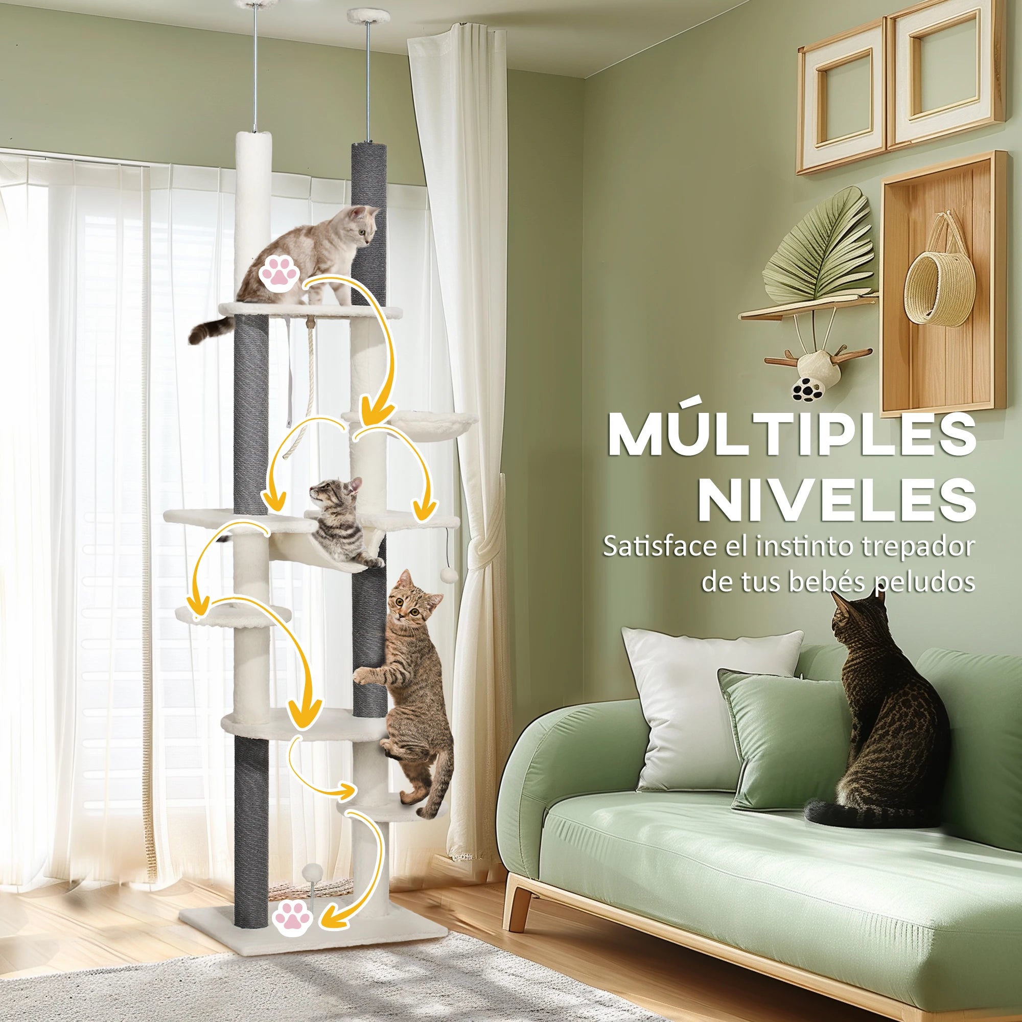 Pawhut Floor to Ceiling Cat Tree with Adjustable Height 225-255 cm