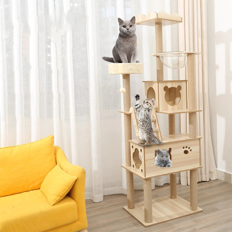Multi-layer Platform Cat Tree tower Wooden House Sisal Rope Cat Scratching Posts Scrapers Grinding Hammock Cat Climbing Frame