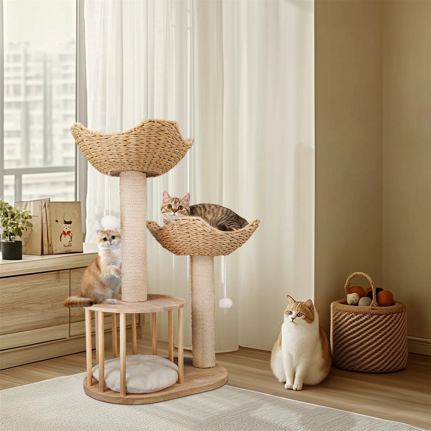 99CM Tall Multilevel Cat Tree Activity Tower Center with Plush Cushion Dangling Ball Baskets Condo Scratching Post for Indoor
