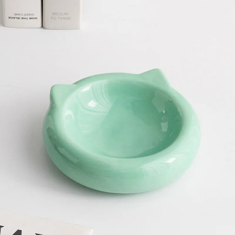 Creative Ceramic Flat Bottomed Cat Ear Shape Food Bowl, Dining Plate, Anti Overturning, Pet Supplies, Drinking Bowl, 1Pc