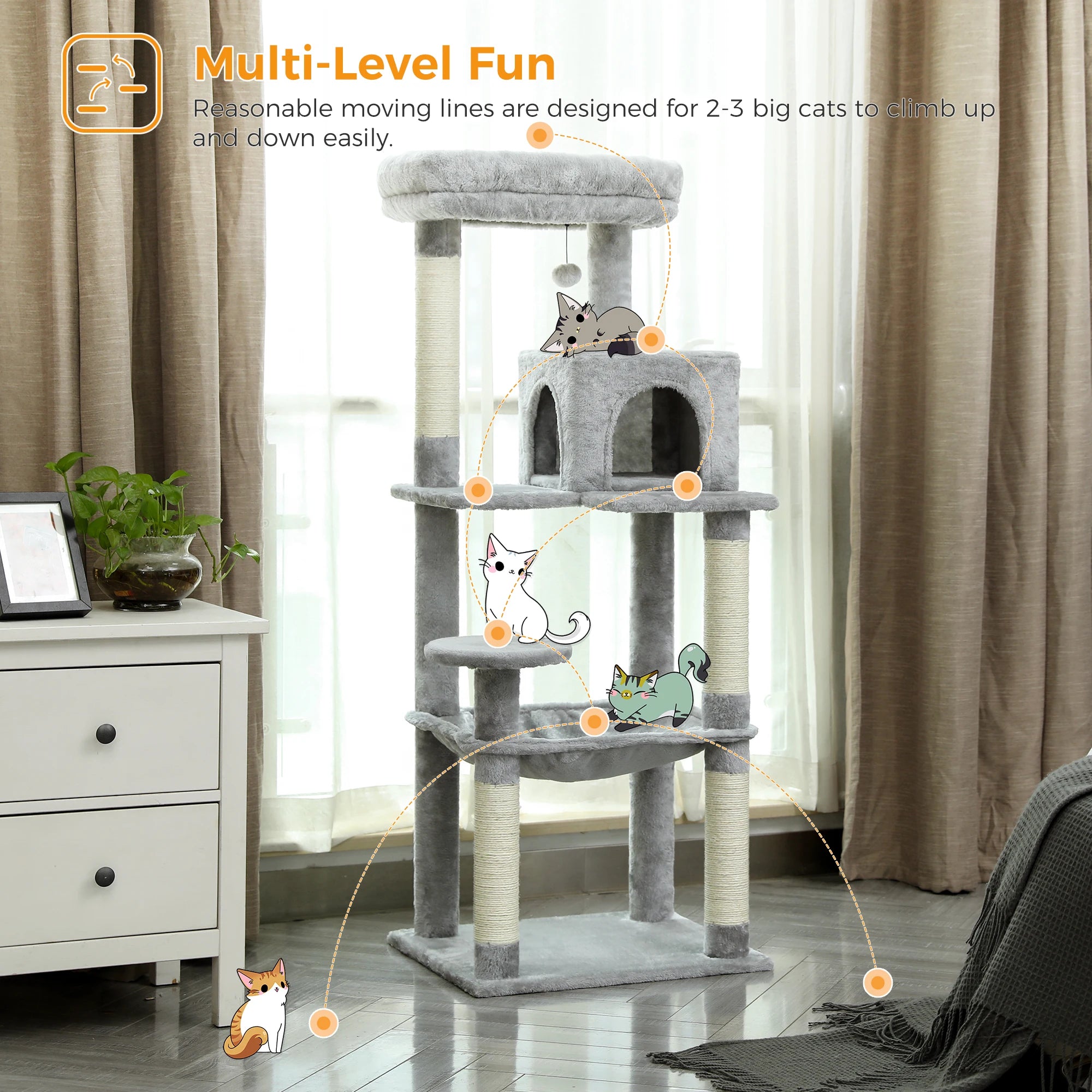 Cat Tree for Indoor Cats 5-Level Cat Tower for Large Cats with Large Hammock Sisal Covered Scratching Posts Cozy Condo Top Perch