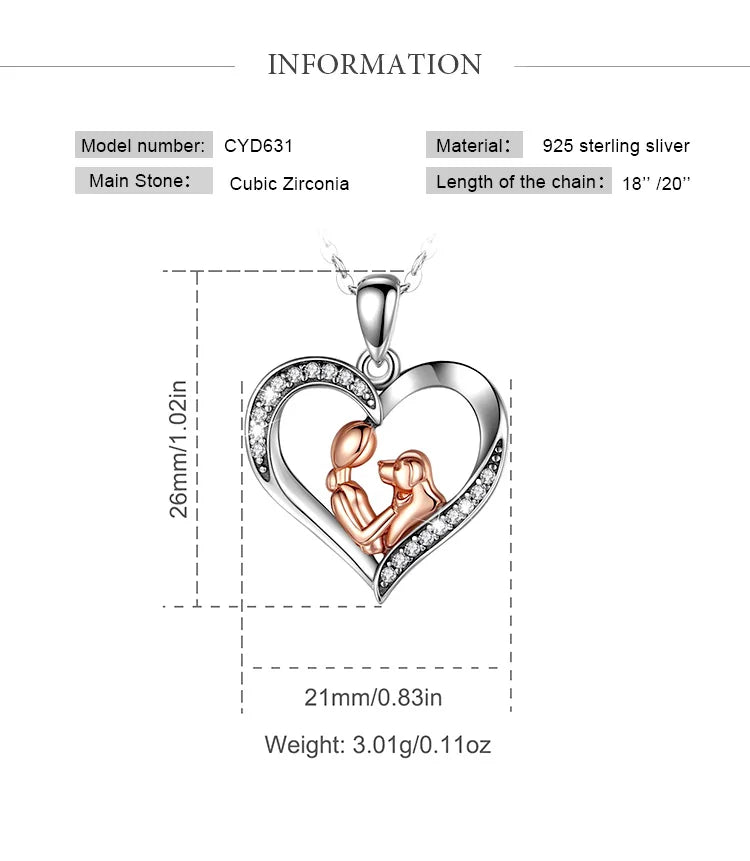 EUDORA 925 Sterling Silver Girl and dog heart Pendant of  Pet series clean CZ necklace fashion Jewelry for women girl cyd631