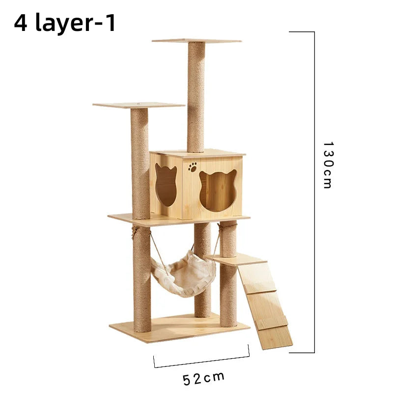Multi-layer Platform Cat Tree tower Wooden House Sisal Rope Cat Scratching Posts Scrapers Grinding Hammock Cat Climbing Frame