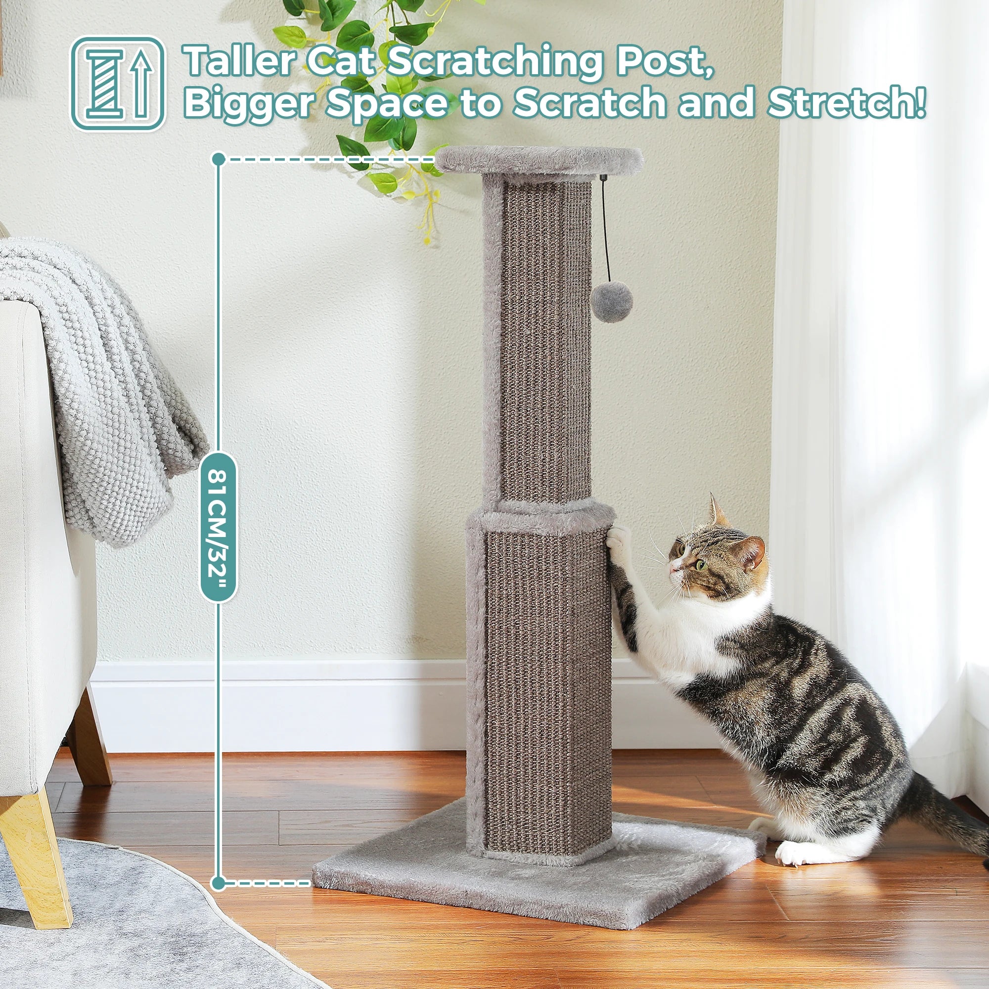 Large Cat Scratching Post for Indoor Cats Adults Ultimate Scratch Post with Woven Sisal Dangling Ball Tall Cat Scratcher Cat Toy