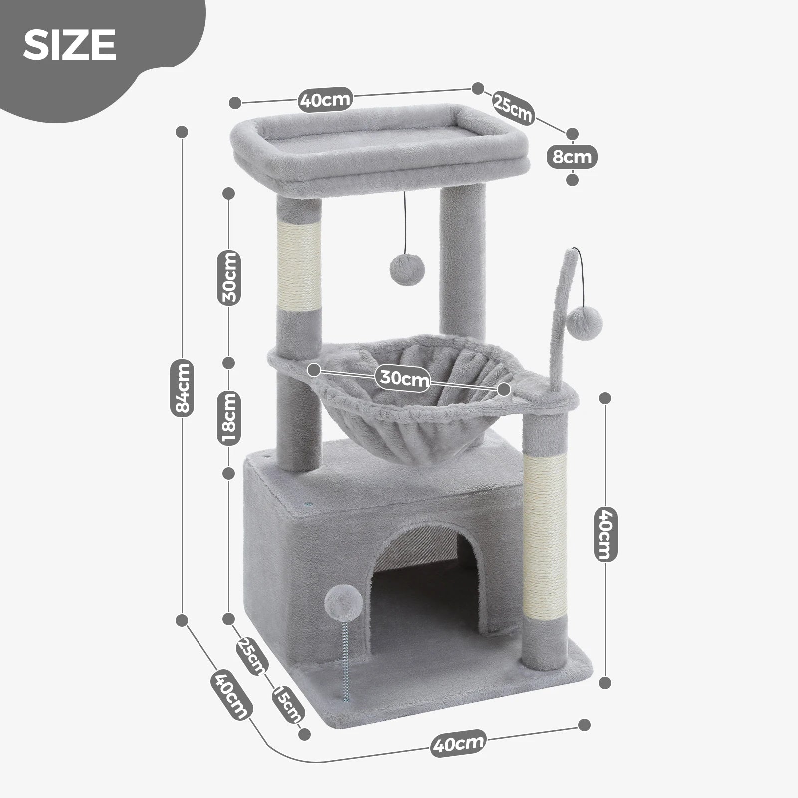 4-in-1 Cat Tree with Large Cat Condo, Sisal Scratching Post, Deep Hammock, Cozy Top Perch, Small Cat Tower for Indoor, Cat Toys