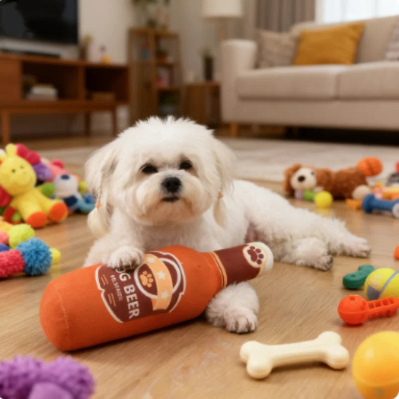 Beer Bottle Shaped Plush Dog Chew Toy Squeaky Interactive Bite-Resistant Playing Supplies for Small to Large Dogs Teeth Cleaning