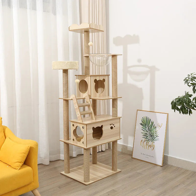 Multi-layer Platform Cat Tree tower Wooden House Sisal Rope Cat Scratching Posts Scrapers Grinding Hammock Cat Climbing Frame