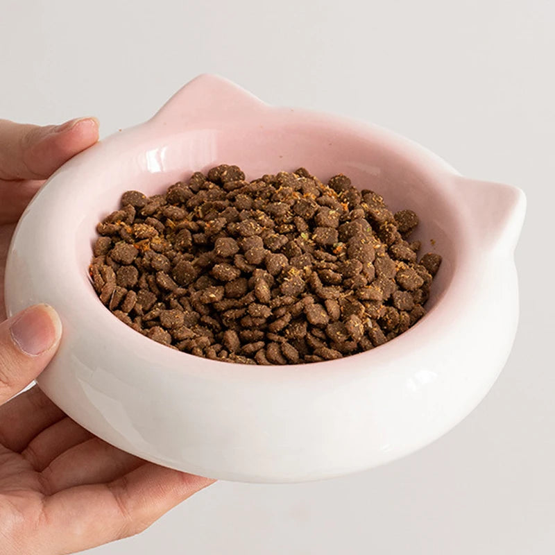 Creative Ceramic Flat Bottomed Cat Ear Shape Food Bowl, Dining Plate, Anti Overturning, Pet Supplies, Drinking Bowl, 1Pc